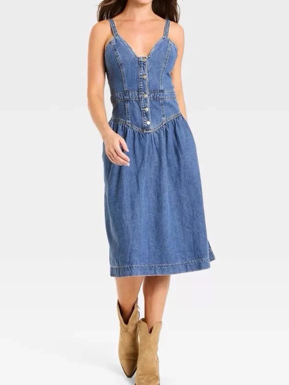 Denim Midi Button-Front Dress - Blue - Picture 1 of 1